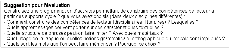Zone de Texte: Suggestion pour lvaluation
Construisez une programmation dactivits permettant de construire des comptences de lecteur  partir des supports cycle 2 que vous avez choisis (dans deux disciplines diffrentes) :
- Comment construire des comptences de lecteur (disciplinaires, littraires) ? Lesquelles ?
- Quels apprentissages peuvent porter sur des caractristiques textuelles ? 
- Quelle structure de phrases peut-on faire imiter ? Avec quels matriaux ? 
- Quel usage de la langue ou quelles notions grammaticale, orthographique ou lexicale sont impliqus ? 
- Quels sont les mots que lon peut faire mmoriser ? Pourquoi ce choix ? 

