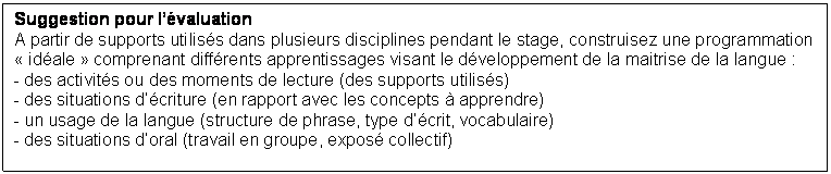 Zone de Texte: Suggestion pour lvaluation
A partir de supports utiliss dans plusieurs disciplines pendant le stage, construisez une programmation  idale  comprenant diffrents apprentissages visant le dveloppement de la maitrise de la langue :
- des activits ou des moments de lecture (des supports utiliss)
- des situations dcriture (en rapport avec les concepts  apprendre)
- un usage de la langue (structure de phrase, type dcrit, vocabulaire)
- des situations doral (travail en groupe, expos collectif) 

